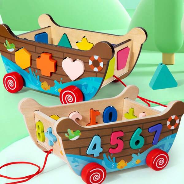 Holz Kinder Form Zuordnungs-Zieh-Walker Puzzle Spielzeug Montessori Frühkindliche Bildung Form Farbe Kognition Multifunktionales Spielzeug Baby Fokus Hand-Auge-Koordination Übung Eltern-Kind Interaktion Klasse
