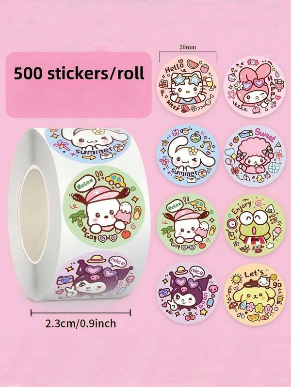 Sanrio 1packs Of Sanrio Cute Cartoon Character Round Stickers Rolls 500 Pieces, Tape For Sealing, Cartoon Character Stickers For Handicrafts And School Supplies Decoration, Surprise Small Gifts , Back To School Gifts