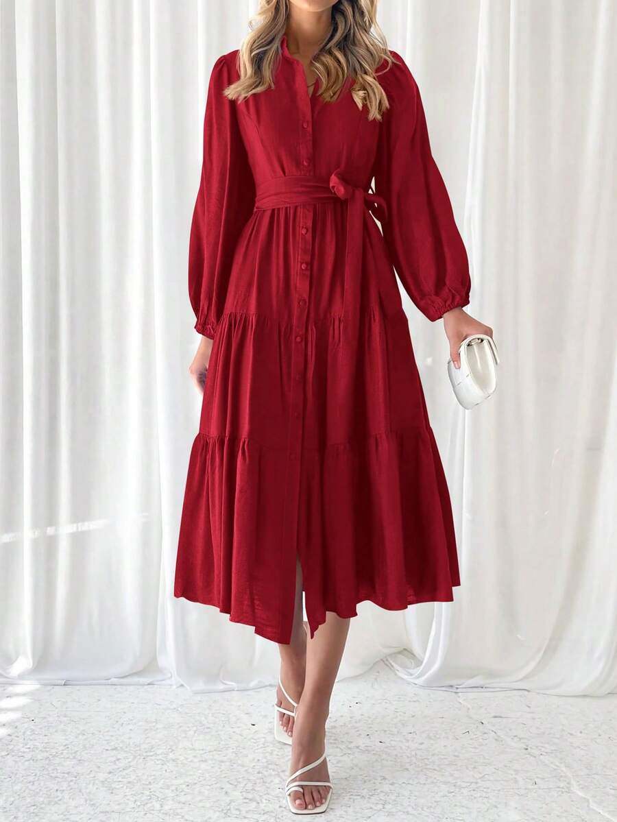 Women's Dresses Long Sleeve Dresses Casual V Neck Tie Button Down Flutter Tie Waist Shirt Dresses - Đỏ - Xem 1