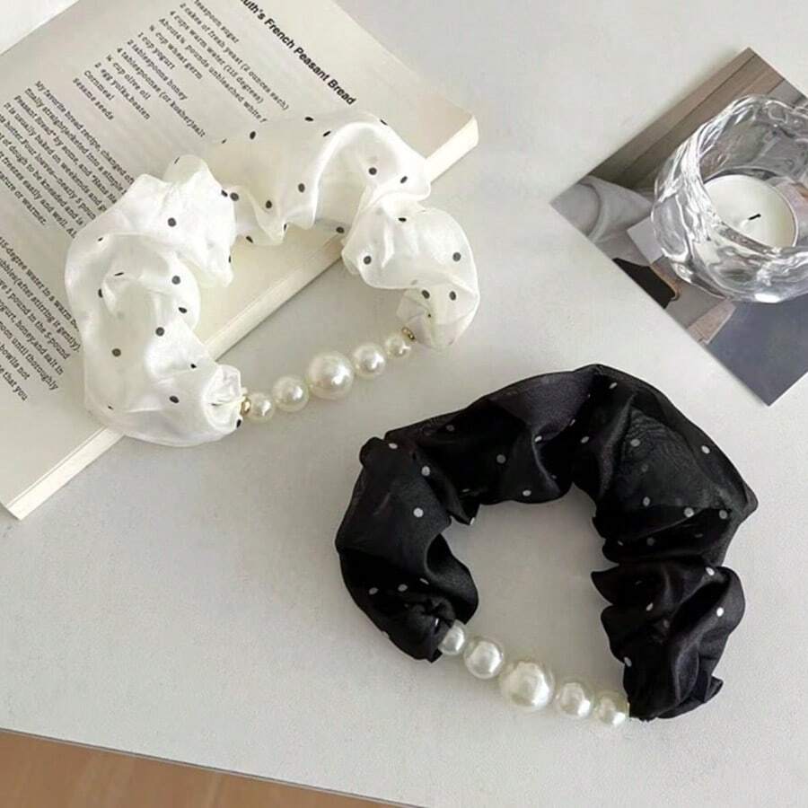 1 buc/2 buc suport elegant pentru coadă de cal cu perle și puncte pentru femei, cravată versatilă, poliester, potrivită pentru toate anotimpurile, accesoriu de păr, accesorii de păr, elastice de păr
