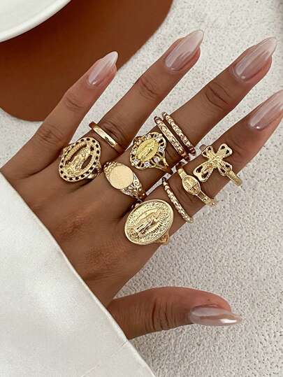 10pcs/Set Minimalist Retro Punk Hiphop Rhinestone Cross & Madonna Hollow Design Joint Knuckle Rings, Suitable For Party, Gift, Daily Wear