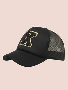 1 件黑色 26 个字母图案网帽，儿童男孩女孩棒球帽，适合户外和日常佩戴，防晒 - 黑金標 - 查看 84