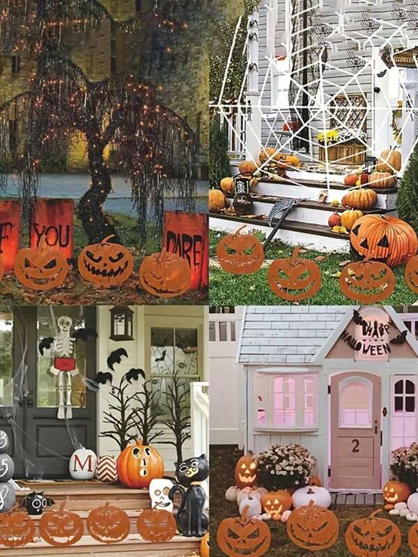 4 buc țăruși de grădină vintage din metal cu dovleci de Halloween, semne de curte cu felinar malefic Jack-O-Lantern, statui tematice de toamnă pentru exterior, cadou perfect pentru prieteni și familie, potrivite pentru decor de grădină, gazon și terasă