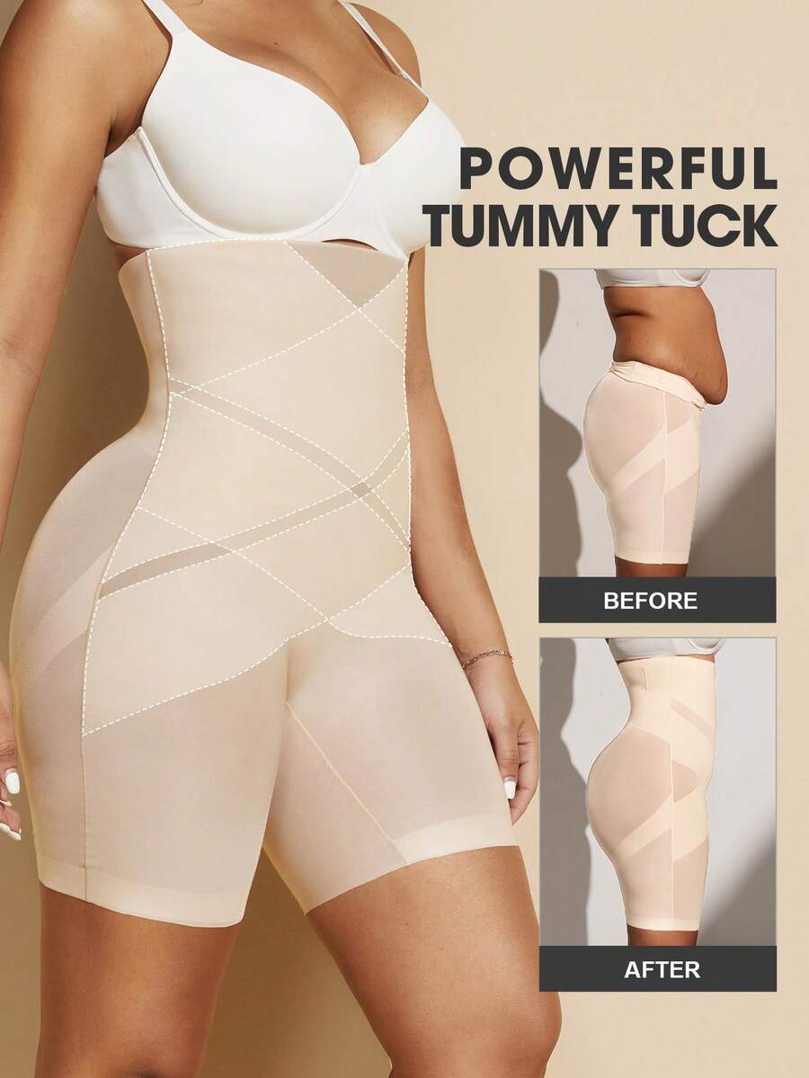 1pc Women Waist Slimmer Criss-Cross High Waist Control Body Shaper Shorts - Apricot - View 1