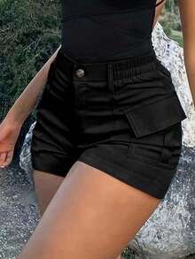 Women's Solid Loose Fit Cargo Shorts, Lightweight High Waist Band Flap Pocket Utility Booty Shorts, Casual Summer Beach & Holiday & Hiking & Outdoor Sports - 黑色 - 查看 1