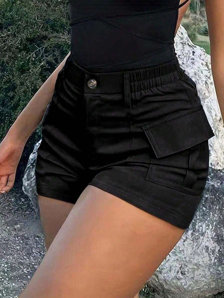 Women's Solid Loose Fit Cargo Shorts, Lightweight High Waist Band Flap Pocket Utility Booty Shorts, Casual Summer Beach & Holiday & Hiking & Outdoor Sports - 黑色 - 查看 1