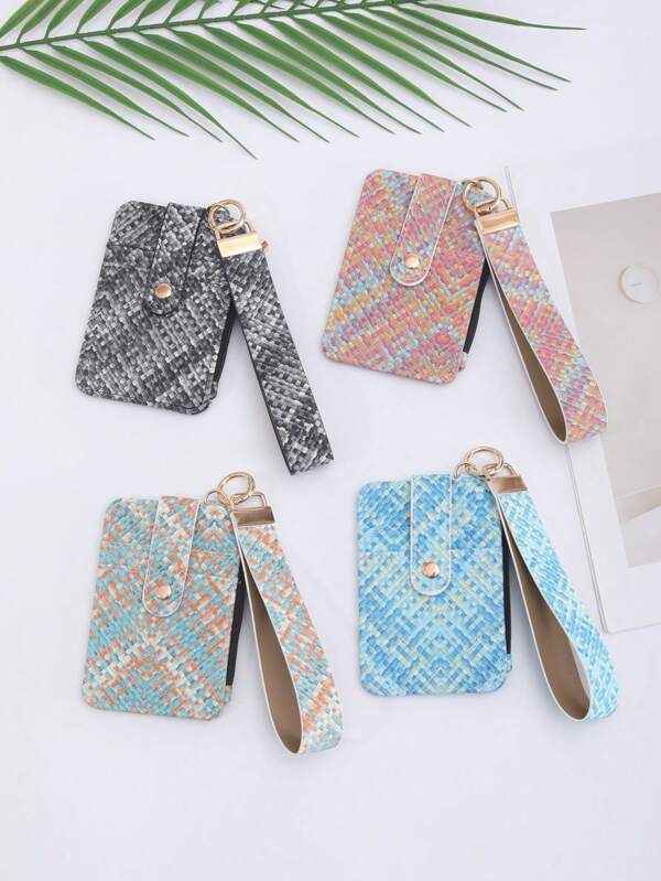 1 Pieza de Billetera/Portador de tarjetas con borlas PU, Llavero con diseño trenzado de patrón colorido, Muñequera trenzada con Portador de tarjetas para mujer, Diseño anti desvanecimiento, Regalo creativo de aniversario