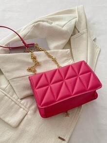 Bolsa quadrada pequena com aba, padrão de losango de cor sólida, bolsa transversal com alça de corrente de PU da moda, decoração de borla, mini bolsa de ombro, carteira, adequada para compras - Pink - Visão 10