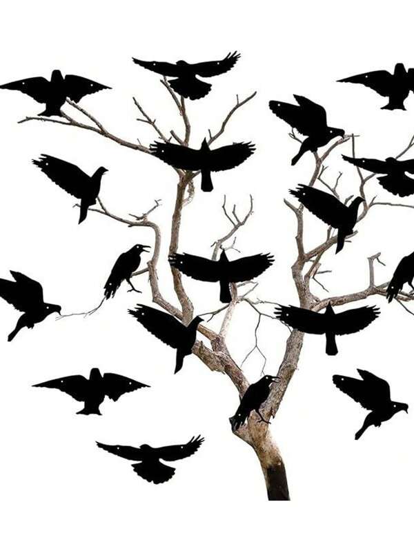 Guirnalda de cuervos negros de 6 piezas con línea de pesca para decoración colgante de Halloween, para usar en interiores, exteriores, porche, chimenea, techo, jardín, días festivos, corona de cuervos para decoración del hogar