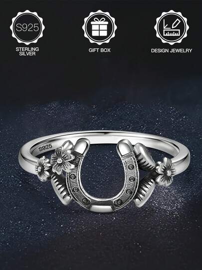 1 件 S925 纯银哥特式复古马蹄铁和花朵设计戒指，复古做旧工艺，适合日常佩戴、约会、婚礼、庆祝、复活节、万圣节、情人节、母亲节礼物、生日礼物，含礼盒