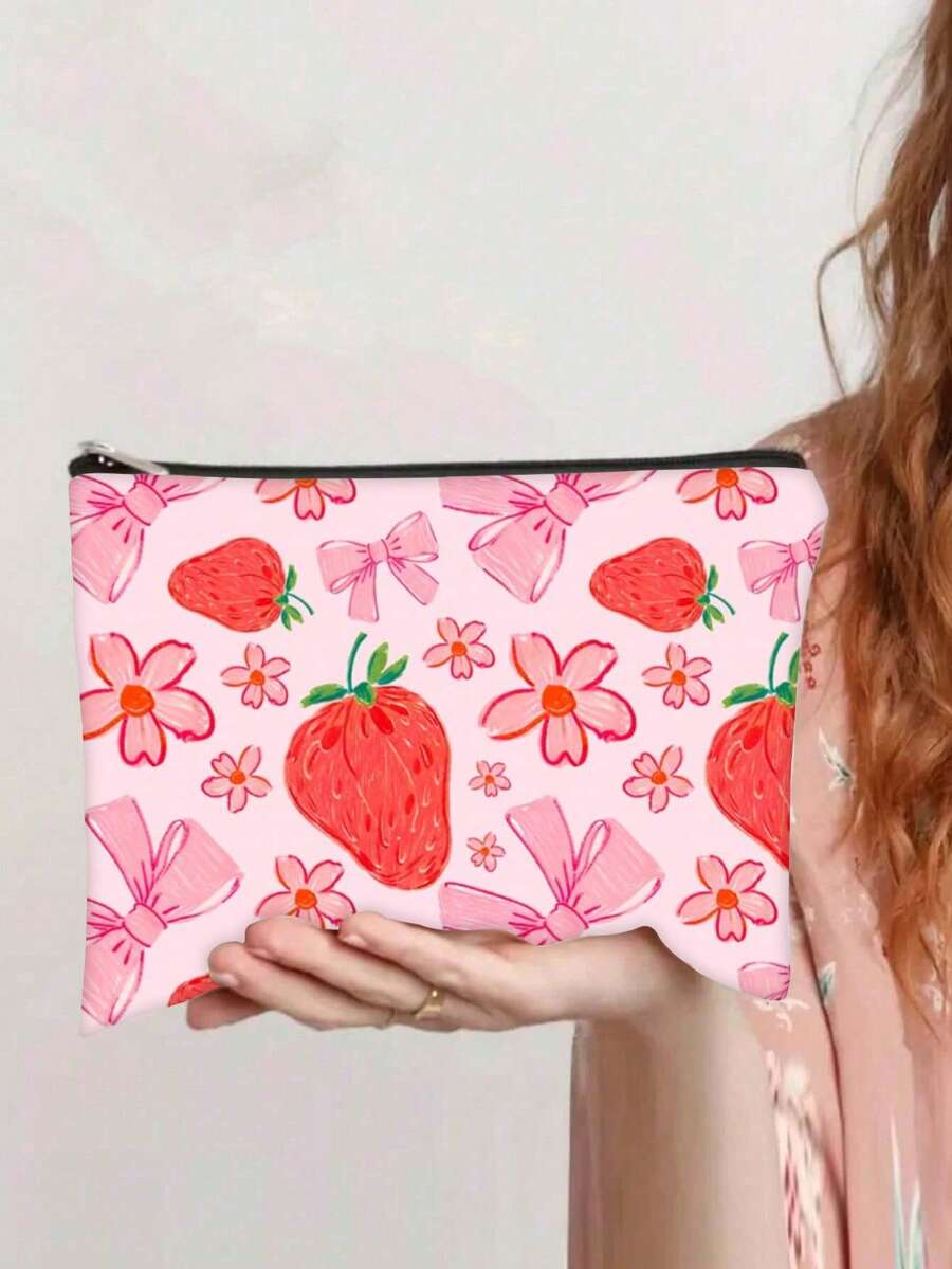 1 pieza Bolsa de cosméticos con estampado de fresa lindo, bolsa de aseo con patrón de doble cara, bolsa con cremallera de tela de poliéster para guardar accesorios pequeños y artículos de papelería, adecuada como regalo para amigos y niños, esencial de viaje de regreso a la escuela, vacaciones de verano, bolsa escolar para artículos escolares, bolsa de aseo de viaje - Multicolor - Ver 1