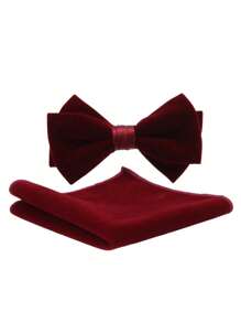 Men's Cotton Velvet Bowknot & Pocket Square Matching Set - Solid Color Formal Wedding Party Accessories