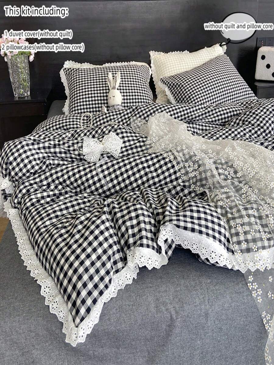 3pcs Black & White Plaid Lace Trim Bedding Set, Includes 1 Duvet Cover And 2 Pillow Shams (No Filling) - White - View 1