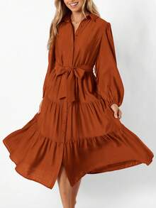 Women's Dresses Long Sleeve Dresses Casual V Neck Tie Button Down Flutter Tie Waist Shirt Dresses - 銹紅色 - 查看 3