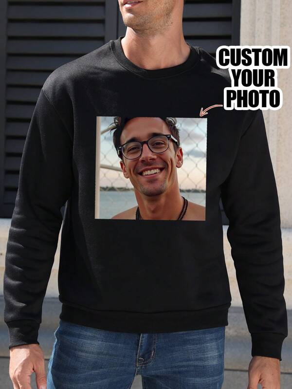 Personalisiertes Weihnachten /Valentinstags-/Geburtstagsgedenk-Fotoandenken, personalisierter Fleece-Rundhalspullover mit Familien-/Freund-/Haustier-Muster für Herren, Schwarz, Herrenmode, Geschenk zu Feiertagen, Uniform