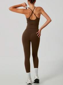 NcmRyu Women's Solid Color Halter Neck Tank Top And Leggings Yoga Pilates Running Training Casual Sports Suit - Brown - View 8