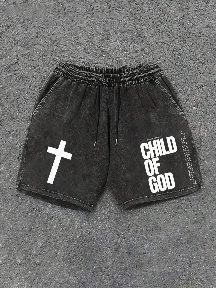Men's Graphic Washed Shorts, Vintage Letter Print Casual Cotton Drawstring Shorts - màu đen - Xem 1