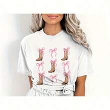 Coquette Cowgirl Boots T-Shirt With Pink Bows, Western Style , Country Music Festival Top, Wos Shirt,  T-Shirt220G Pure Cotton T-Shirt - Perfect For Morning Runs, Workouts, Breathable And Comfortable, The I Gift For Fitness Enthusiaststops For Wo, Clothes Wo,Vintage,Vintage Clothes Wo,Cotton,Summer Clothes Wo,Summer Tops Wo, Mujer, For Wo,Cute,Goth,Inawly,Red White And Blue,Camia,Ry,Ing,Graphics Woman T Shirts,Retro,Embroidered,Casual,Tops,Graphic S,Graphic S Wo,Musera,Beach,S - 白色 - 查看 1