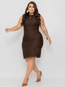 Plus Size Denim Dress, Midi Tube Model, With Side Slit - Rỉ Nâu - Xem 3