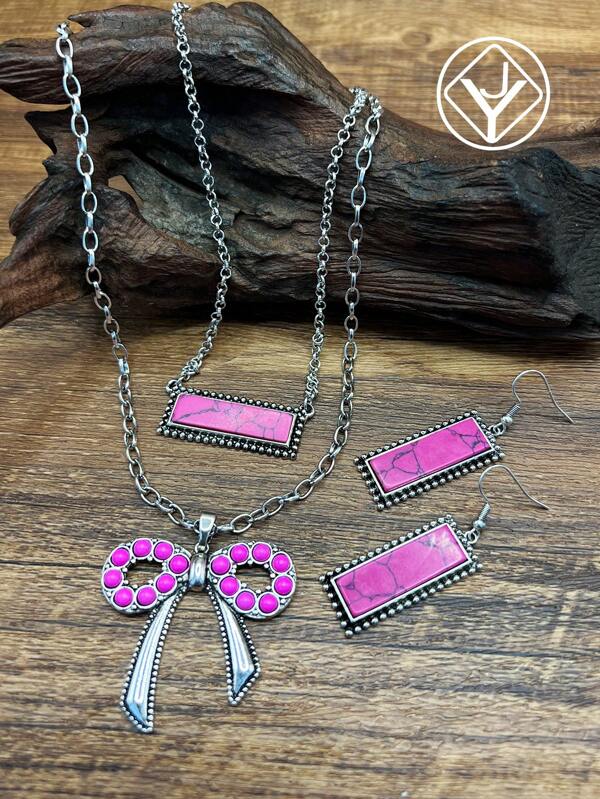 Fashionable Vintage Boho Style Iron Chain Necklace, 2-Layer Necklace Can Be Matched Freely, Bar Pendant/Bow Pendant Necklace, Bar Earrings Dangle, Suitable For Women And Girls To Match Daily Clothes, Party Accessories, Jewelry, Gift For Family/Friends/Yourself