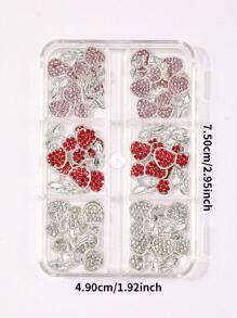 6格盒装，内含24件3D红樱桃美甲装饰，DIY合金水钻美甲配件，情人节礼物，送给朋友和女朋友的礼物，化妆和造型用品，适用于提升女性指甲魅力，美甲用品，美甲师必备的美甲用品。指甲饰物 指甲宝石
