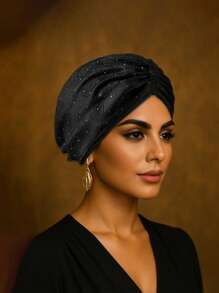 1pc Elegant Rhinestones Embellished Red & Black Turban Hat For Women Pre-Tied Headwrap For Formal Events Weddings And Parties