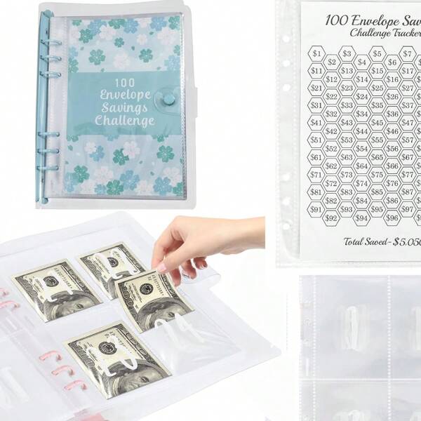 1 Book With 100 Pre-Numbered Envelopes Blue - Laminated $5050 Savings Tracker, Pockets And Simple Budgeting Tools, Offering A Fun & Effective Money Saving Challenge,School Supplies,Back To School