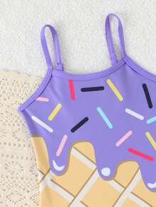 Young Girl's Summer Ice Cream Print One-Piece Swimsuit - Multicolor - View 5