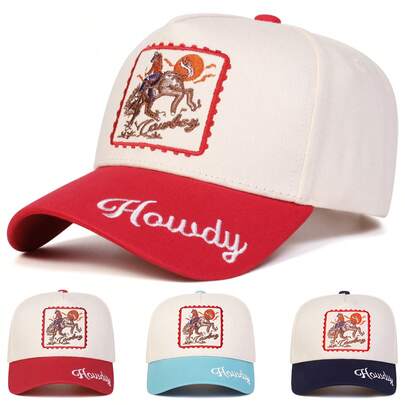 1pc Women's Cowboy "Howdy" Trucker Hat, Personalized Letter & Embroidered Cowboy Rider Design, Street Fashion Five-Panel Baseball Cap, Outdoor Sun Protection Casual Hat For Spring/Autumn Travel, Beach