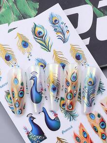 2 pièces Autocollants d'art pour ongles 3D élégants avec plumes de paon, décalcomanies de paon vert et or de luxe. Décalcomanies adhésives pour ongles DIY, décoration d'ongles pour femmes, fournitures pour ongles - Multicolore - Voir 10