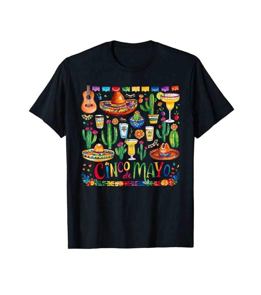 Boho Cinco De Mayo Mexican Fiesta Cactus Tequila Drinks T-Shirt Gift For Knitters Anniversary Gift For Husband - Black - View 1