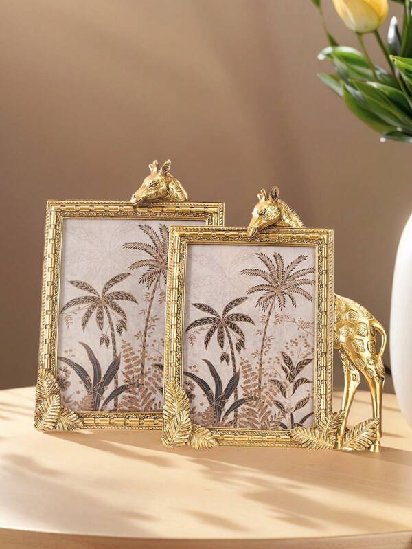 1 pieza Marco de foto decorativo de resina rectangular con forma de jirafa dorada, marco de resina para exhibir fotos en la mesa, adecuado para decoración de fotos en el hogar y accesorios de fotografía Día Nacional de Arabia Saudita