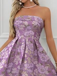 Rochie de seară elegantă, fără bretele, luxoasă, din material jacquard floral auriu, potrivită pentru ocazii formale, nunți, absolviri, gale