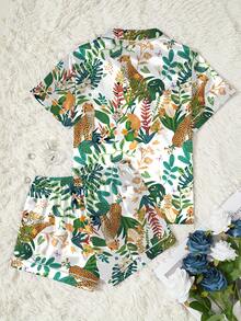 Set de 2 piese pentru femei cu imprimeu leopard și pijamale romantice casual - tricou cu mânecă scurtă și pantaloni scurți cu talie elastică