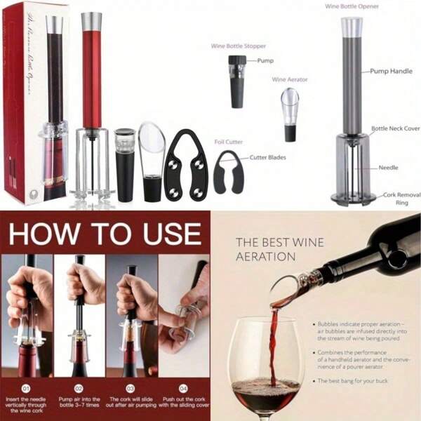 Abridor de botellas de vino tinto/vino - Tipo de bomba de presión de aire, fácil de usar, saca-corchos, mango de aleación de aluminio para abrir botellas de vino tinto