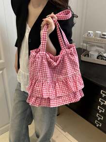 Ruffled Hem Plaid Tote Bag, Women's One Shoulder Underarm Handbag, New Design