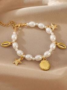 女士海星贝壳珍珠手链，欧美时尚度假风格，新设计仿珍珠手链，女朋友手链，串珠手链，波西米亚风格，优质珠宝，夏季配饰，玻璃吊坠，西方珠宝，女士礼物，适合户外海滩穿着 - 彩色 - 查看 5