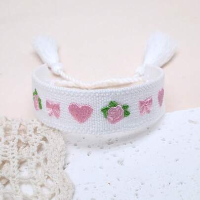 1pc Handmade Embroidered Rose, Bow & Heart Bracelet, French Vintage Boho Style, Suitable For Women's Party, Holiday, Wedding, Friendship