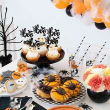 12pcs Halloween Boo Theme Cupcake Toppers, Glitter Spider Web Bat Cupcake Picks, Suitable For Halloween Boo Theme Baby Shower, Birthday Party Cake Decoration - Multicolor - View 2