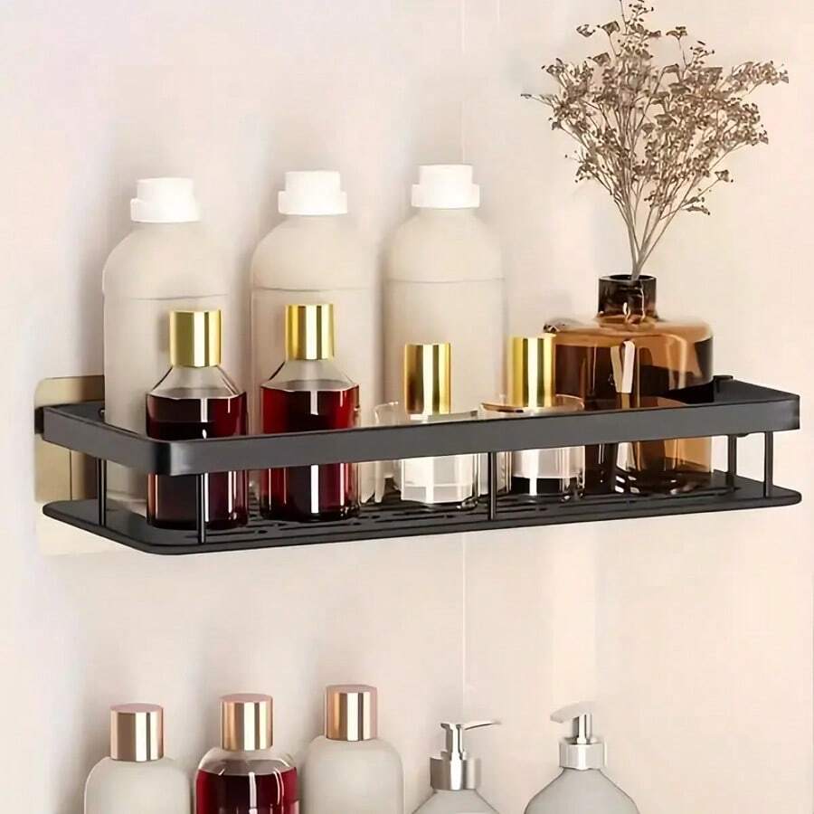1PCS  Wall Mounted Stainless Steel Shelf, Self-Adhesive Bathroom Shelf, No-Punch Easy Installation Storage Basket, Space Saving Balcony, Bathroom, Kitchen, Bedroom Organizer, Bathroom Supplies, Storage Supplies - 免打孔1pcs - 查看 1