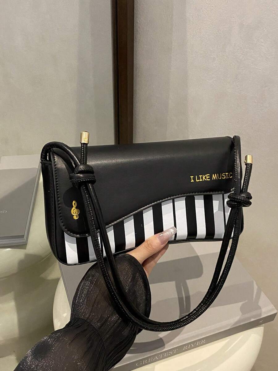 PU Material Versatile Casual Women's Shoulder Bag With Letter & Music Note Print - Black and White - View 1