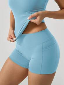 Women's Fashion Round Neck Short Sleeve T-Shirt And Side Pocket Sports Shorts Set Summer - 淺藍色 - 查看 3