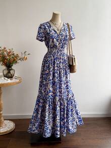 Rusttydustty 1 Stück V-Ausschnitt Taille Raffung Langarm Kleid, geeignet für Silvesterparty, Lässig Urlaub, Boho Stil, Ostern, Strand, Hawaii Musikfestival, tropischer Urlaub - Blau - Übersicht 2