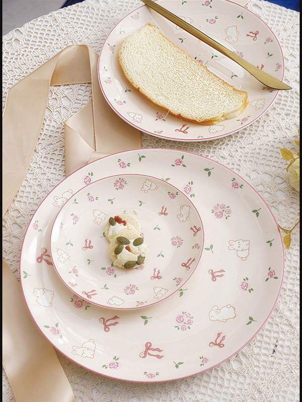 1 Stück süßer rosa Keramikteller/Tablett mit Schleife und Kaninchenmotiv, runder Frühstücksteller, 15,2 cm/20,3 cm/25,4 cm, Steakteller, Pastateller, Nachmittagstee-Kuchen-Dessertteller, Salatteller, Schmuck-Organizer-Tablett, geeignet für Zuhause, Hotel, Restaurant, Geburtstagsgeschenk, Weihnachtsgeschenk