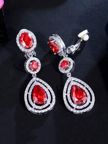 1 Pair Clip-On No Piercing Long Drop CZ Crystal Earrings, Silver Plated Red & Blue Cubic Zirconia Wedding Jewelry For Women, Brides, Bridesmaids, Engagement, Banquet, Pageant, Prom, Gift - 1 Pair Clip On Earrings - View 10