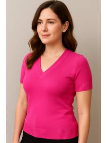 Women's Short Sleeve Blouse | Short Sleeve Blouse | Summer Blouse | Short Sleeve Elastane Blouse - 玫紅色 - 查看 5
