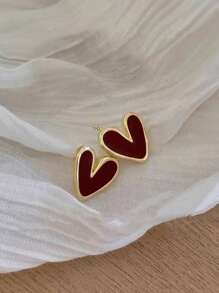 1 pieza Aretes con forma de corazón con acabado de gota vidriada color borgoña, estilo sutil, aretes de corazón pequeños vintage