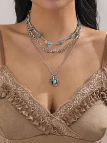 3 piezas de joyas occidentales y campestres con turquesa, collar retro de moda con cactus