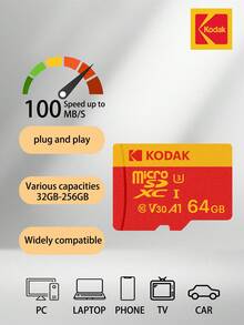 KODAK Original Micro-SD Card 128GB 64GB 32GB Flash TF Card Memory Card A1 V30 U3 100MB/S Free SD Adapter - Red - View 1