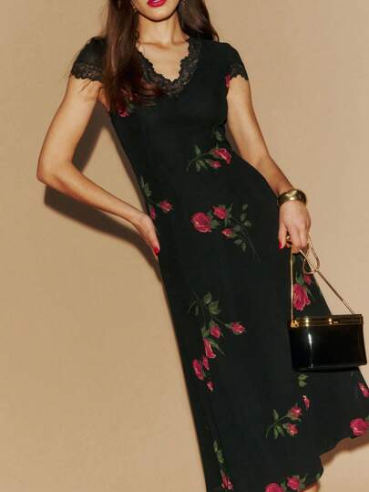 Women Elegant Floral Print Long Dress